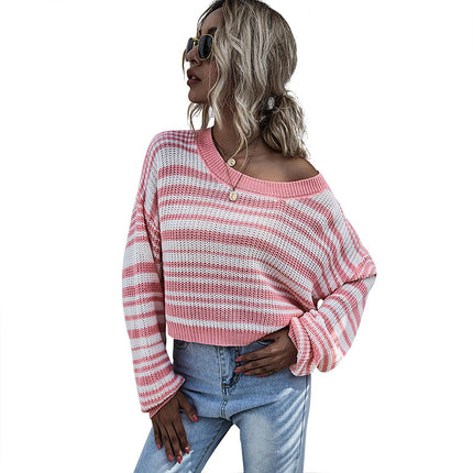 Wholesale Ladies Autumn/Winter Striped Round Neck Knit Cropped Sweater
