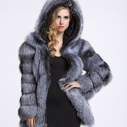 Abrigo de piel sintética de zorro para mujer Abrigo de longitud media con panel con capucha