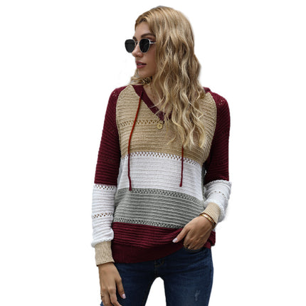 Wholesale Women's Long Sleeve Casual Color Striped Pullover Hooded Hoodie