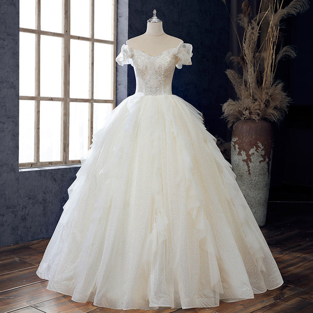 Brautspitze aus schulterfreier Länge, großes, schlankes Hochzeitskleid