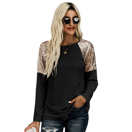 Solid Color Sequin Stitching Casual Round Neck Top