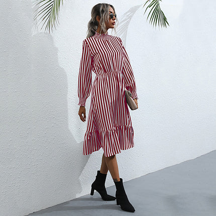 Wholesale Women's Autumn Vertical Stripe Long Sleeve Half Turtleneck Dress