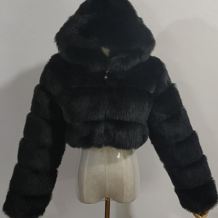 Wholesale Ladies Fall Winter Hooded Long Sleeves Short Faux Fur Coat