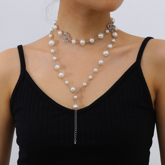 Fashion Simple Pearl Necklace Hollow Rhinestone Heart Necklace