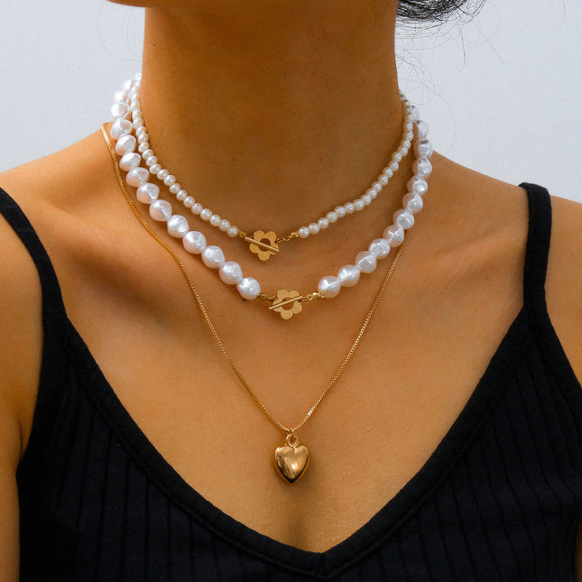 Mehrschichtige Perlenketten-Legierungs-Herz-Anhänger-Halskette