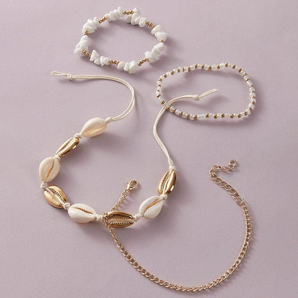 White Small Gravel Beach Shell Beads Weaving Anklet 4-Piece Set