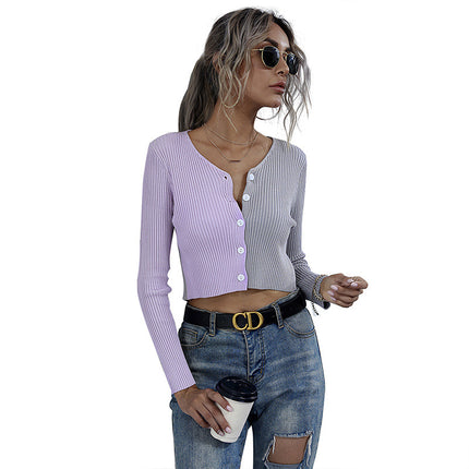 Wholesale Ladies Long Sleeve Slim V Neck Cropped Knit Cardigan Top