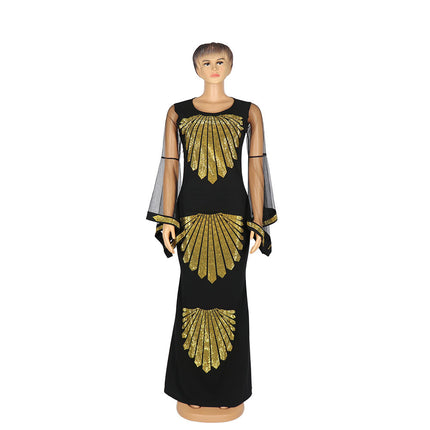 Wholesale African Women's Mesh Trumpet Sleeve Fishtail Elastic Dress