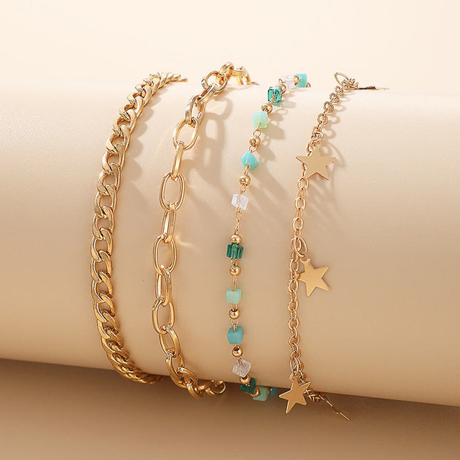 Pentagram Green Small Stone Thick Chain 4 Pieces Multilayer Anklet