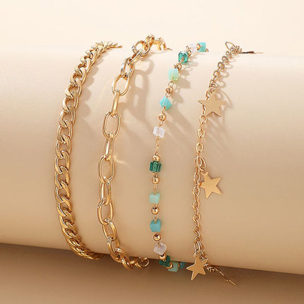 Pentagram Green Small Stone Thick Chain 4 Pieces Multilayer Anklet