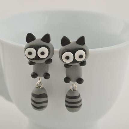 Cartoon Handmade Soft Pottery Raccoon Earrings