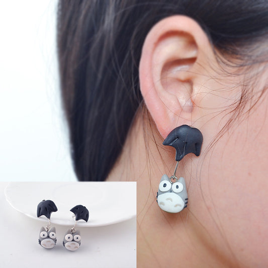 Handmade Soft Pottery Cartoon Umbrella Chinchilla Stud Earrings