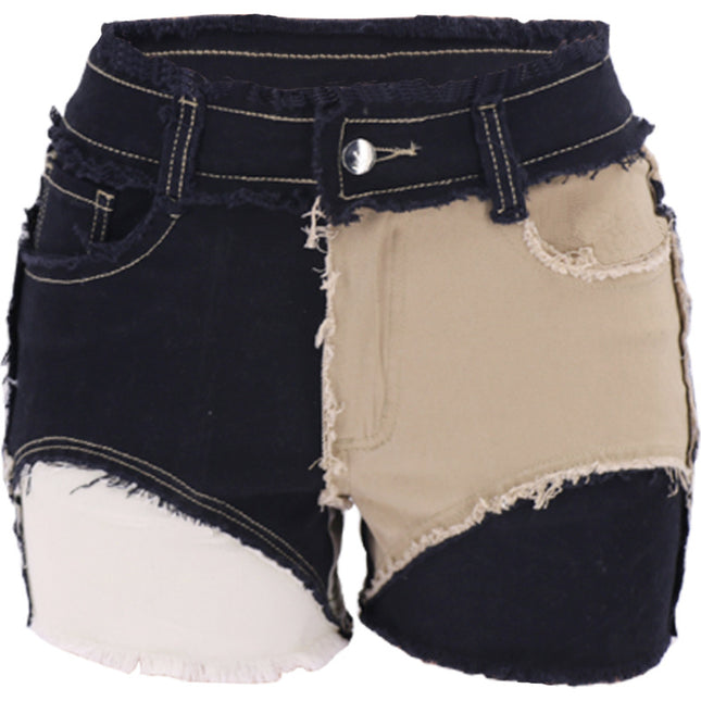 Wholesale Women's Spring Color Matching Paneled Stretch Denim Shorts