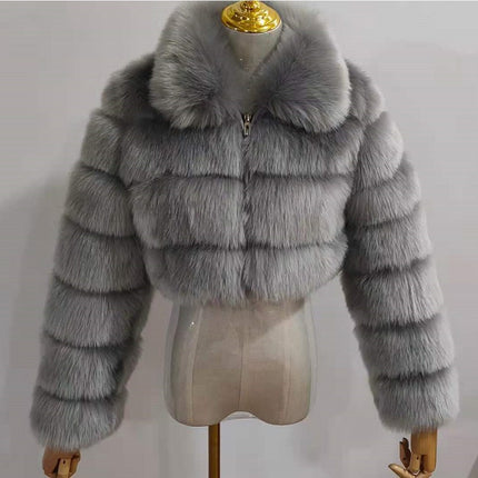 chaqueta de mujer de manga larga con solapa recortada de piel sintética de zorro