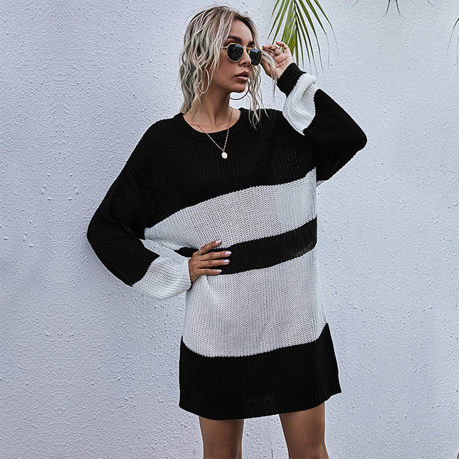 Wholesale Women's Fall Winter Pullover Striped Mid-length Sweater Dress