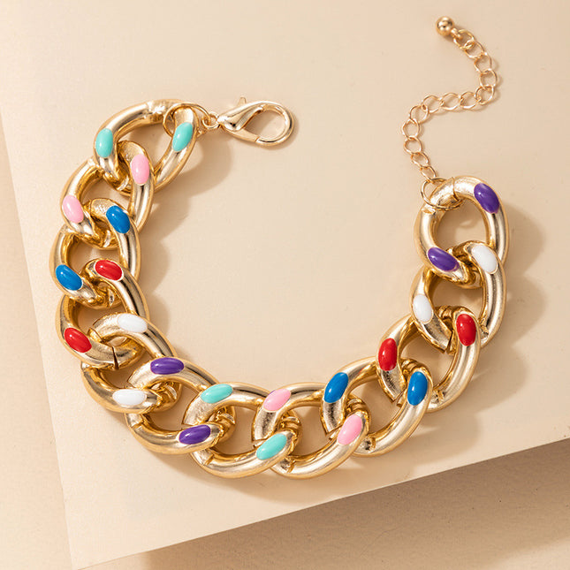 Colored Oil Drop Gold Chunky Chain Single Layer Bracelet