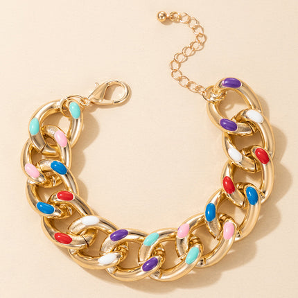 Colored Oil Drop Gold Chunky Chain Single Layer Bracelet