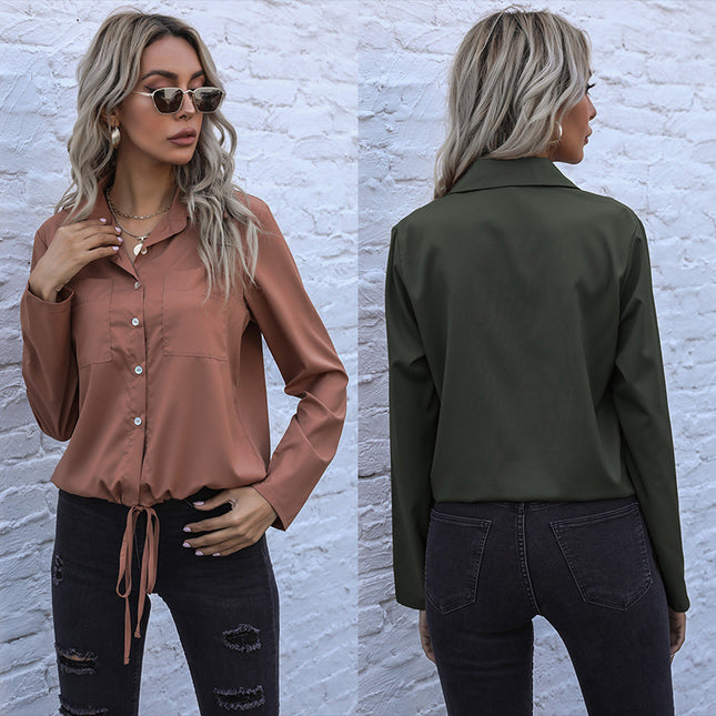 Wholesale Women's Autumn Lapel Solid Color Long Sleeve Cardigan Shirt