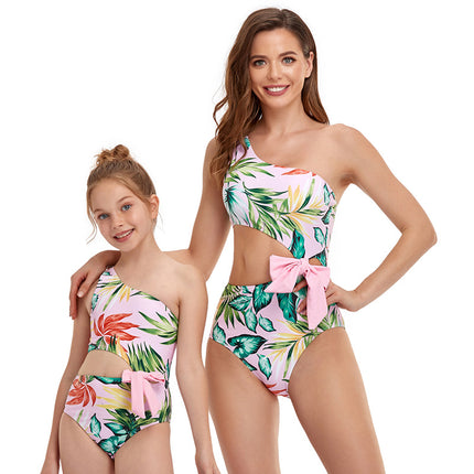 Wholesale Mother-Daughter Slanting Shoulder One-Piece Swimsuit