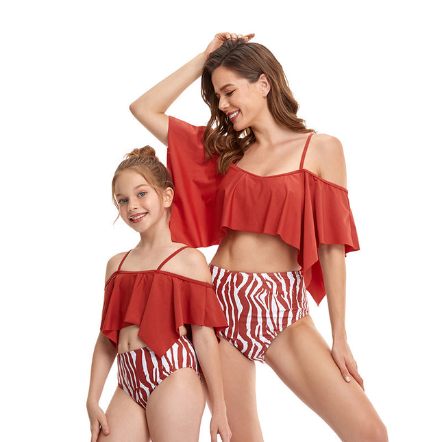 Bikini de traje de baño de dos piezas de hoja de loto de cuatro esquinas para padres e hijos