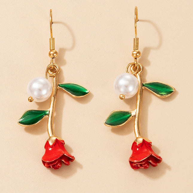 Retro-Kunst-Rosen-rote Blumen-Ohrringe Rote Rosen-Perlen-Ohrringe