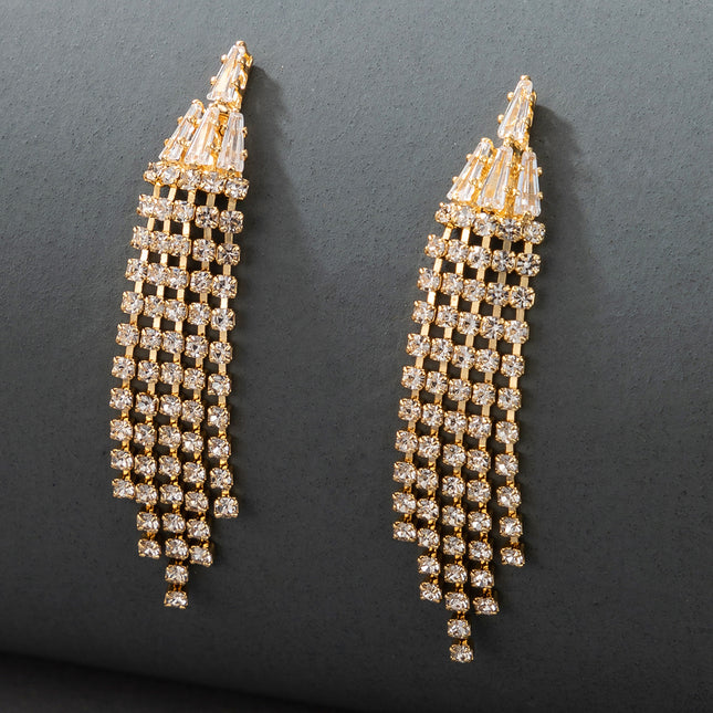 Ladies Rhinestone Tassel Long Earrings