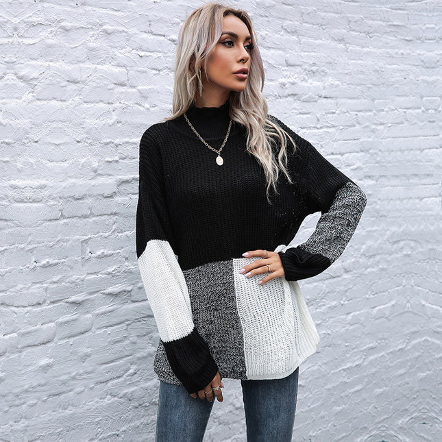 Wholesale Women's Fall Winter Stitching Mid-length Half Turtleneck Sweater