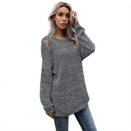 Wholesale Women's Fall Winter Round Neck Ripped Mid-length Sweater