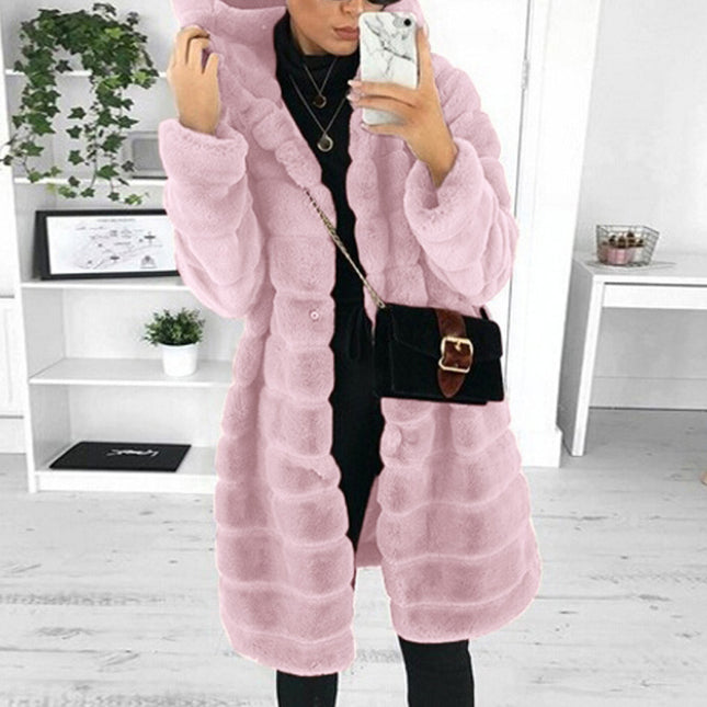 Wholesale Women's Plus Size Black Thick Hooded Faux Mink Fur Jacket