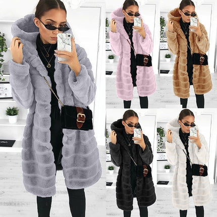 Wholesale Women's Plus Size Black Thick Hooded Faux Mink Fur Jacket