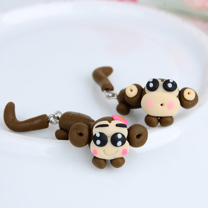 Handmade Creative Cartoon Couple Little Monkey Soft Pottery Stud Earrings