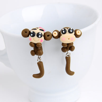 Handmade Creative Cartoon Couple Little Monkey Soft Pottery Stud Earrings