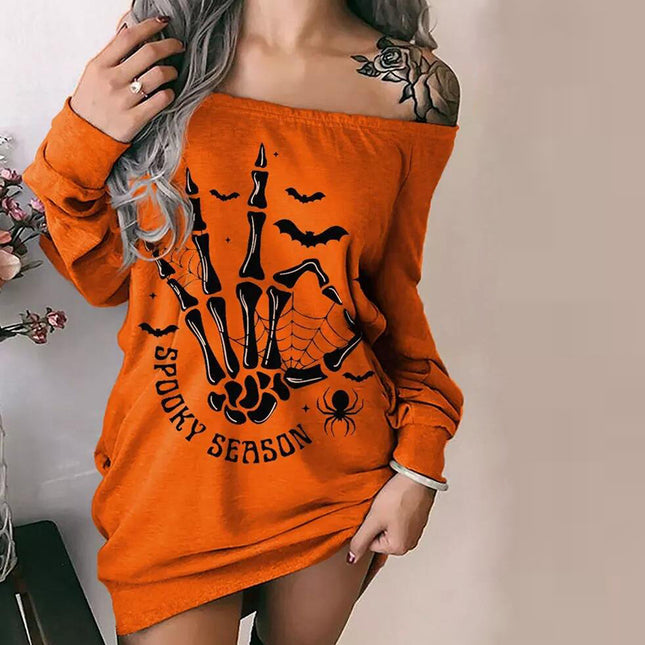 Ladies Fashion Halloween Off Shoulder Printed Casual Dresses