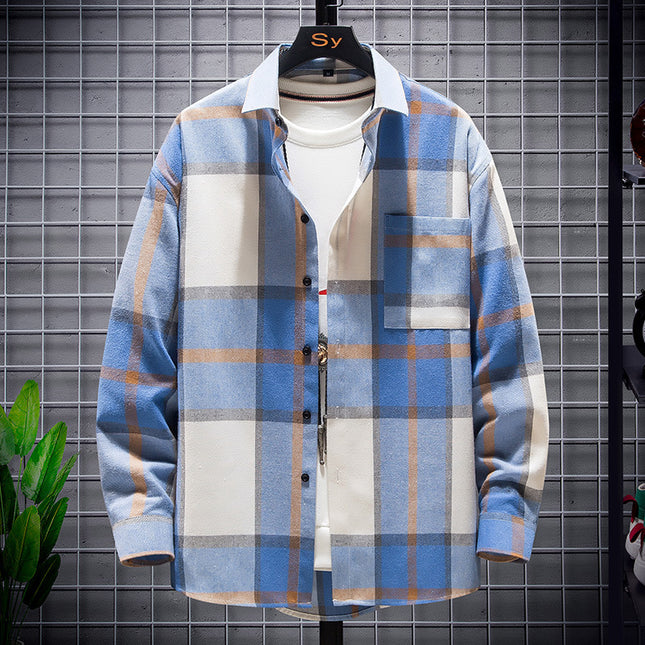 Wholesale Men's Brushed Long Sleeve Cardigan Casual Check Shirt