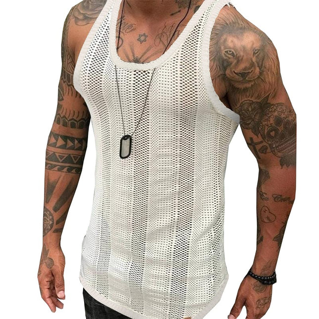 Wholesale Men's Summer Thin White Mesh Hollow Sports Sleeveless Vest Top