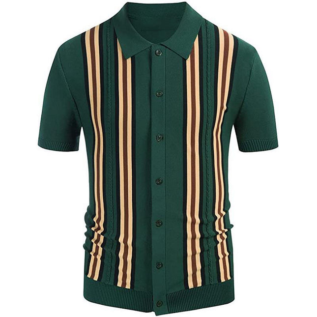 Wholesale Men's Summer Green Striped Short Sleeve Slim Business Polo Shirt