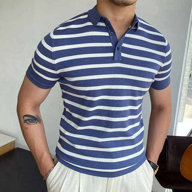 Camiseta de verano para hombre Polo de manga corta a rayas azules con solapa