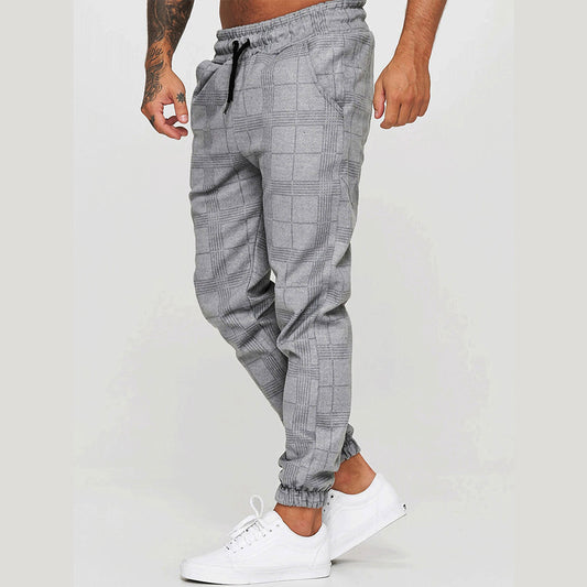 Wholesale Men's Casual Check Trousers Elastic Drawstring Sports Penny Pants