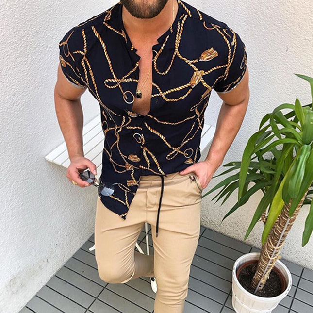 Top de camisa de moda de manga corta con estampado de verano para hombre