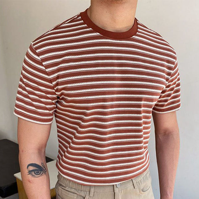 Camiseta de manga corta de rayas rojas de prendas de punto de primavera y verano para hombre