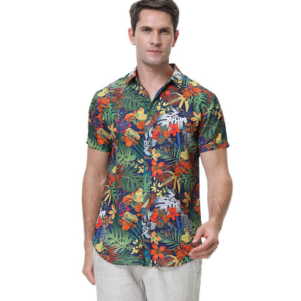 Camisa casual de manga corta con estampado de solapa y flores finas para hombre