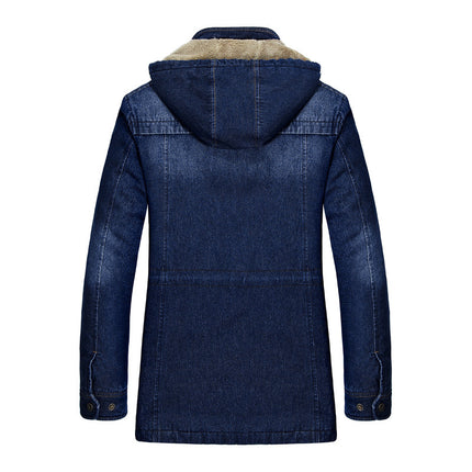 Wholesale Men's Winter Mid Length Plus Fleece Thick Hooded Denim Jacket