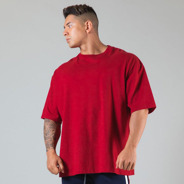Camiseta deportiva de manga corta con cuello redondo y talla grande de algodón para hombre