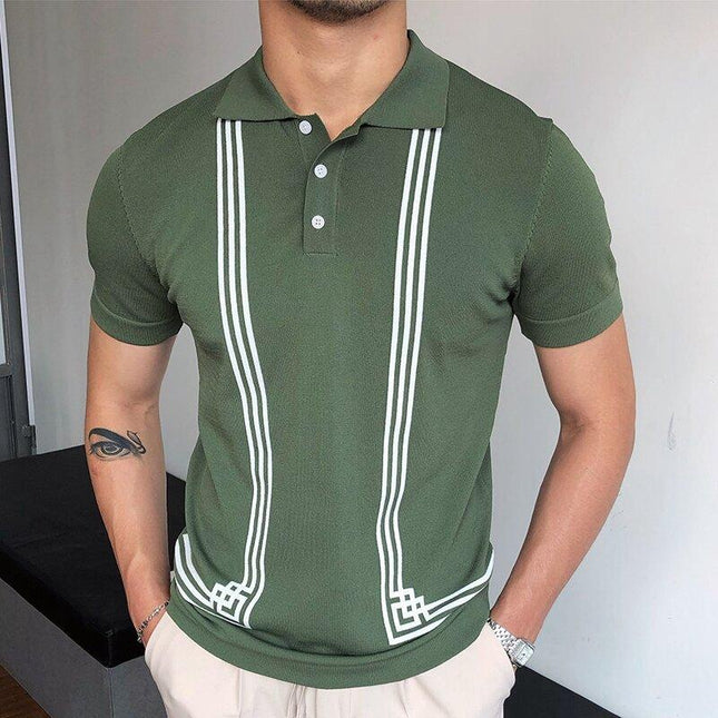 Wholesale Men's Green Striped Short Sleeve Slim Polo Shirt Knitted T-Shirt
