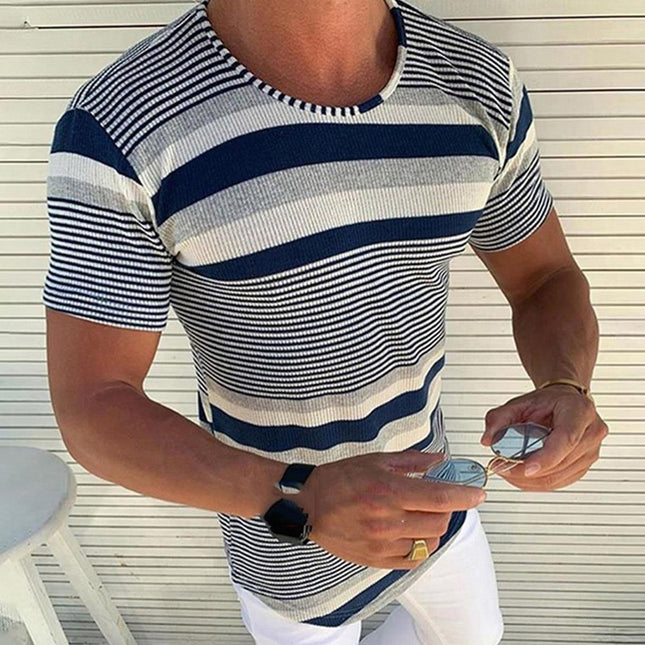 Wholesale Men's Spring Summer Striped Round Neck Short Sleeve T-Shirt