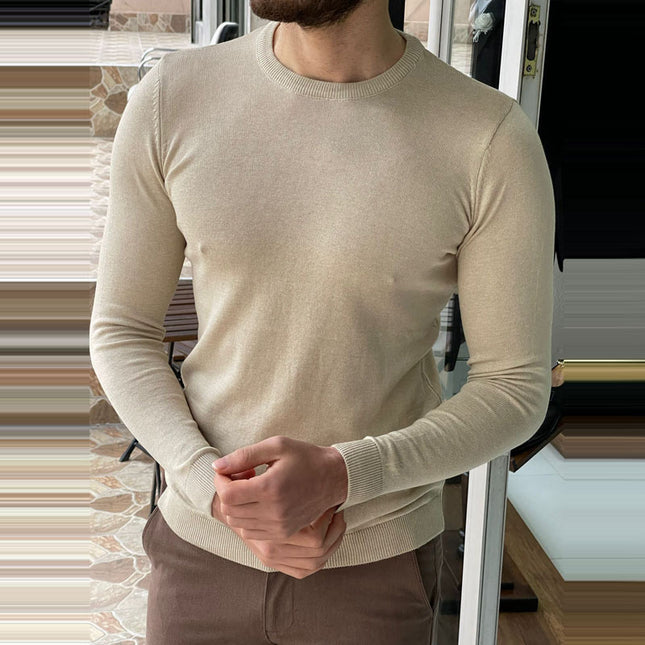 Suéter fino de manga larga con cuello redondo de primavera y otoño para hombre