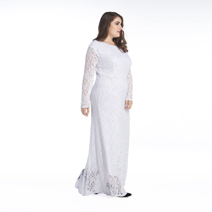 Women's Plus Size Long Sleeve Hollow Lace Long Dress