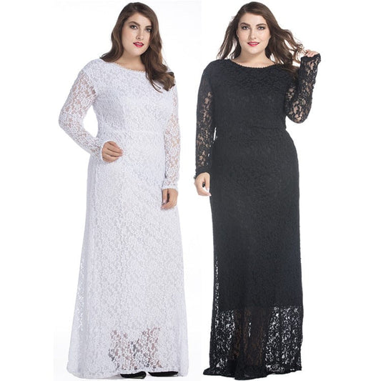 Women's Plus Size Long Sleeve Hollow Lace Long Dress