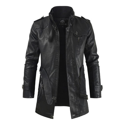 Wholesale Men's Fall Winter Velvet Stand Collar Mid-length Leather Jacket