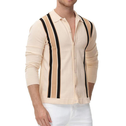 Wholesale Men's Spring Autumn Long Sleeve Striped Jacquard Polo Shirt